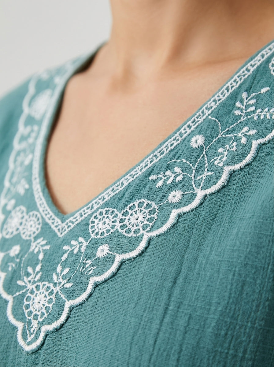 Teal Floral Embroidered V-Neck Blouse - Boho Ruffle Sleeve Peplum Top