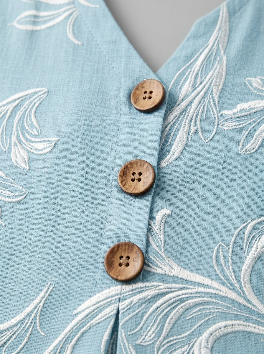 Casual Botanical Leaf Print Button-Front Top in Light Blue - Ruffle Sleeve V-Neck Blouse