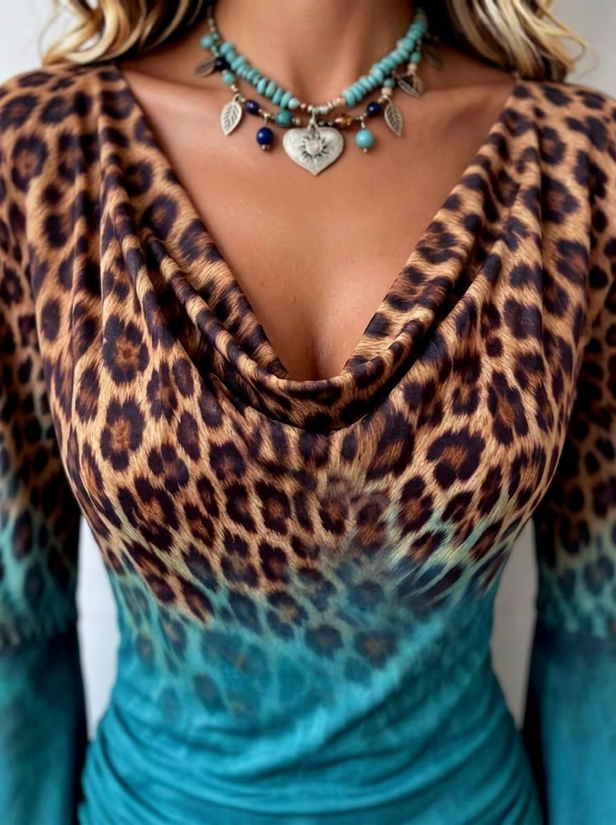 Leopard Print Ombre Cowl Neck Top - Teal Bell Sleeve Blouse