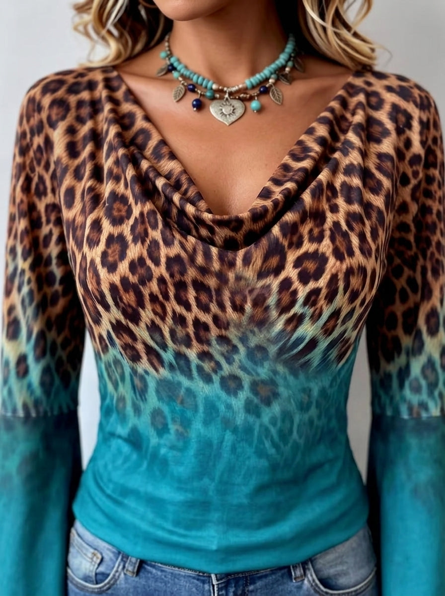 Leopard Print Ombre Cowl Neck Top - Teal Bell Sleeve Blouse