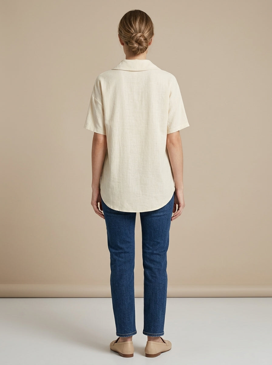 Collared Two-Button Placket Top - Short Sleeve Cotton Linen Blouse