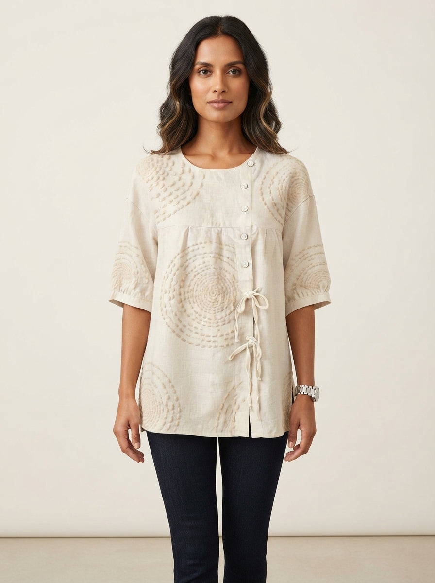 Cream Circle Print Blouse - Button Front Drawstring Hem Top