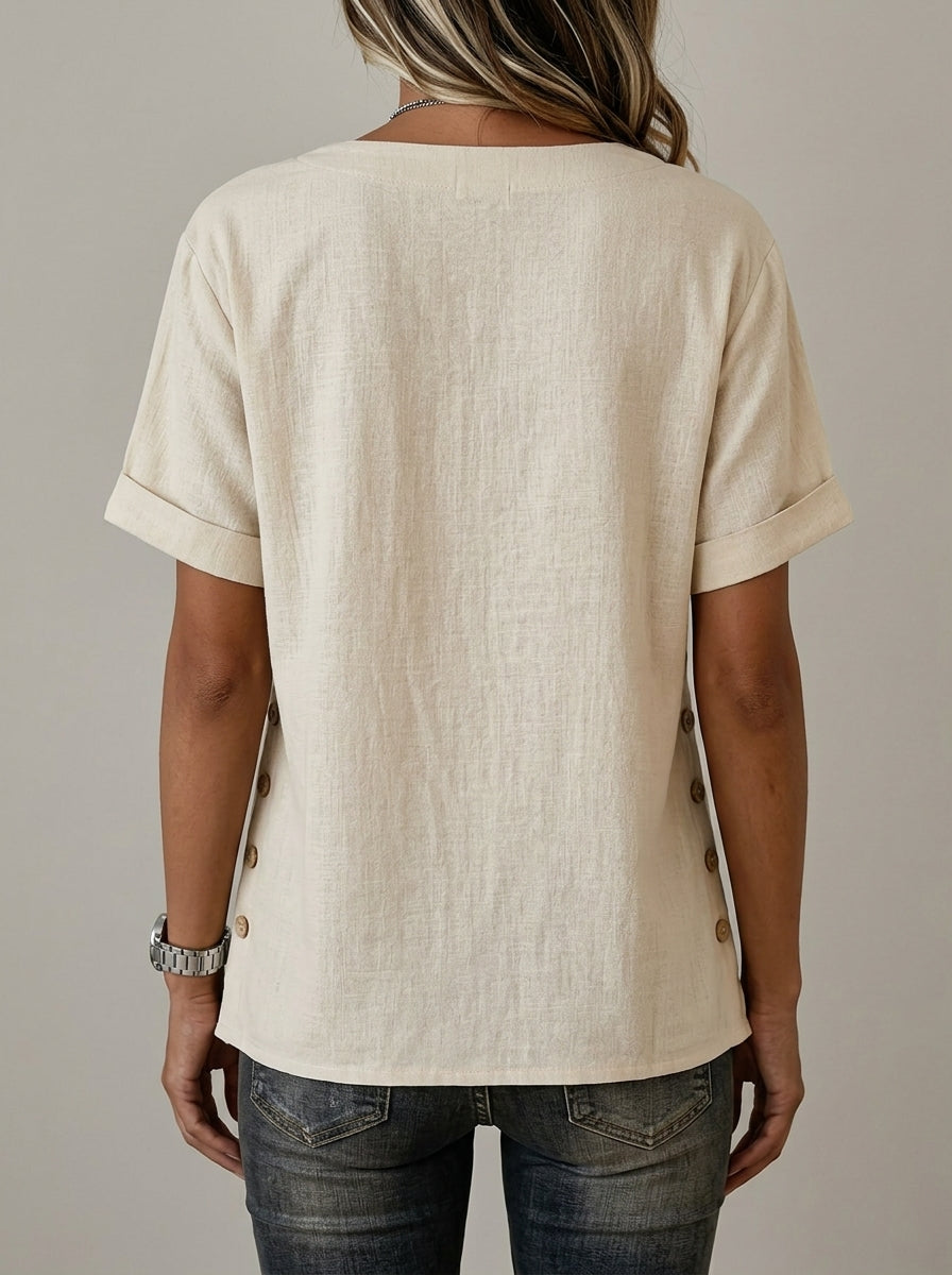 Side Button Detail V-Neck Top - Short Sleeve Cotton Linen Blouse