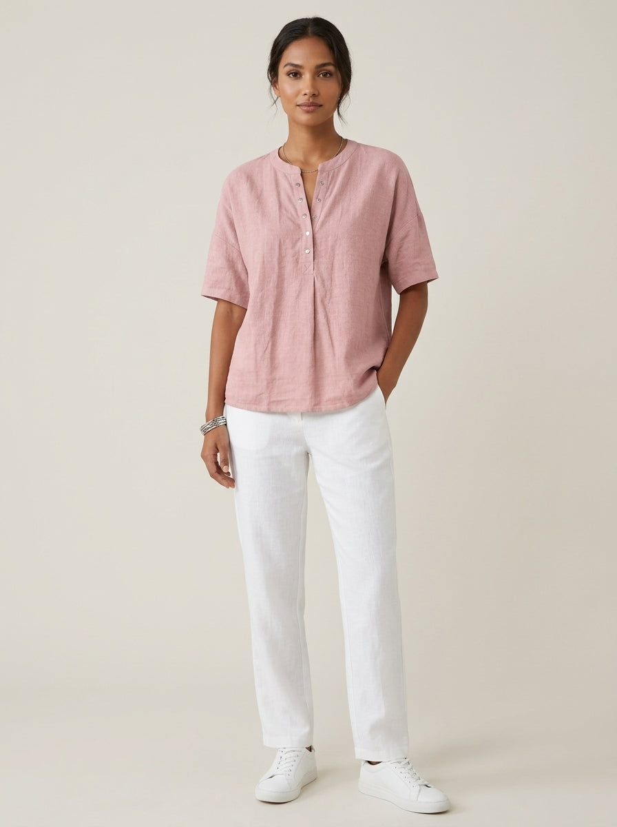 Casual Cotton Linen Henley Top in Dusty Pink - Snap-Button Short Sleeve Blouse