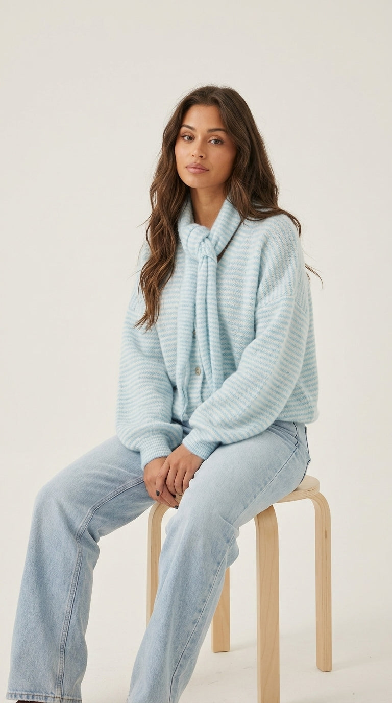 Jennifer Cardigan in Light Blue with Matching Scarf - Striped Knit