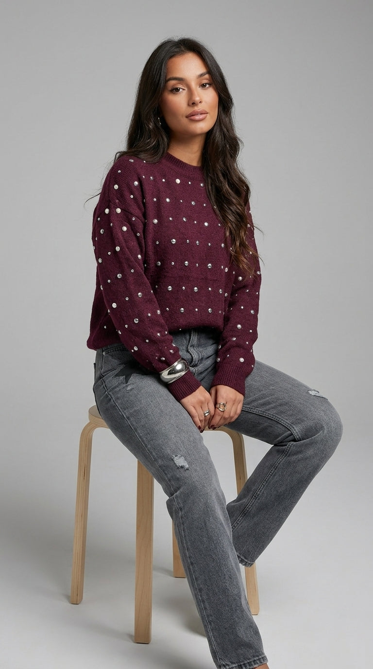 Sabrina Studded Sweater in Burgundy - Crew Neck Pearl-Embellished Knit