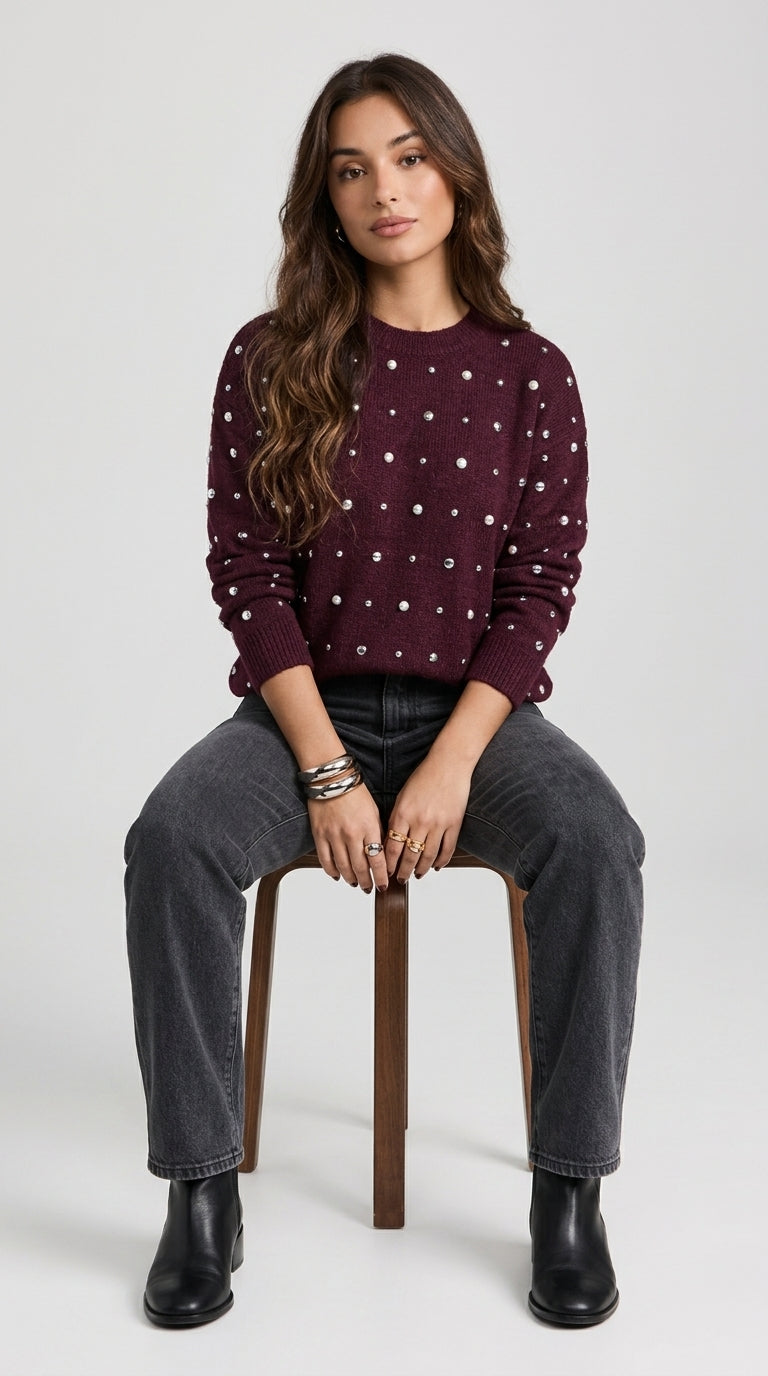 Sabrina Studded Sweater in Burgundy - Crew Neck Pearl-Embellished Knit