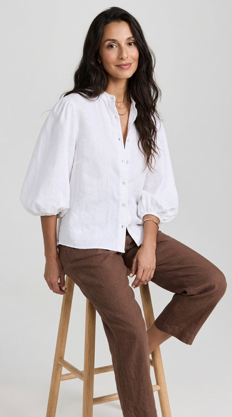 Linen Puff Sleeve Blouse in White - Button-Up Balloon Sleeve Shirt