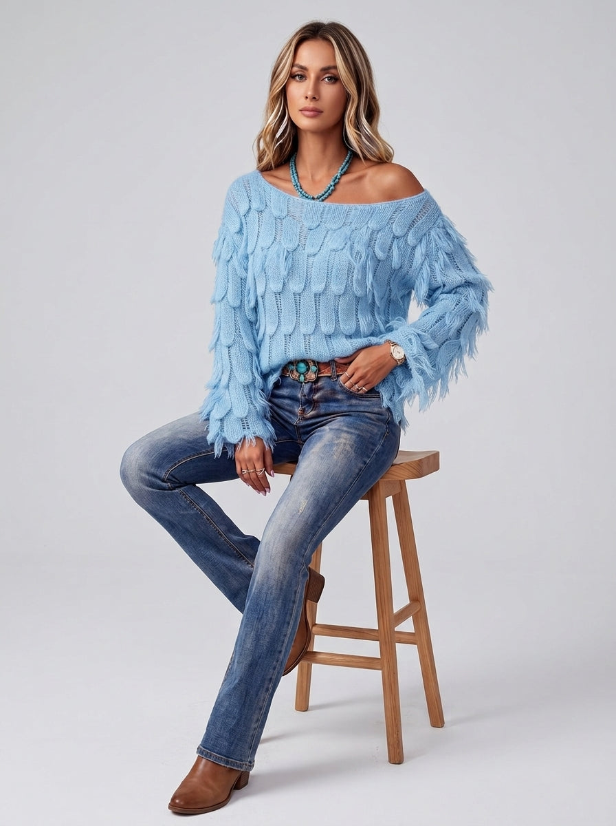 Boho Feather-shaped Bell-sleeve Knit Pullover - Sky Blue Off-Shoulder Fringe Knit Sweater