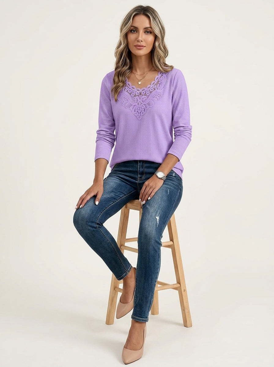 Lace Insert V-Neck Long Sleeve Top - Purple Scalloped Crochet Trim Blouse