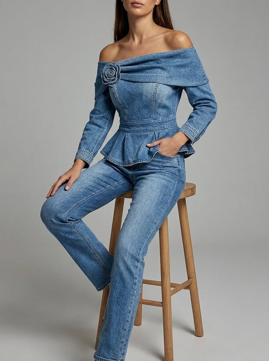 Off-Shoulder Denim Peplum Top - Blue Rosette Flower Detail Blouse