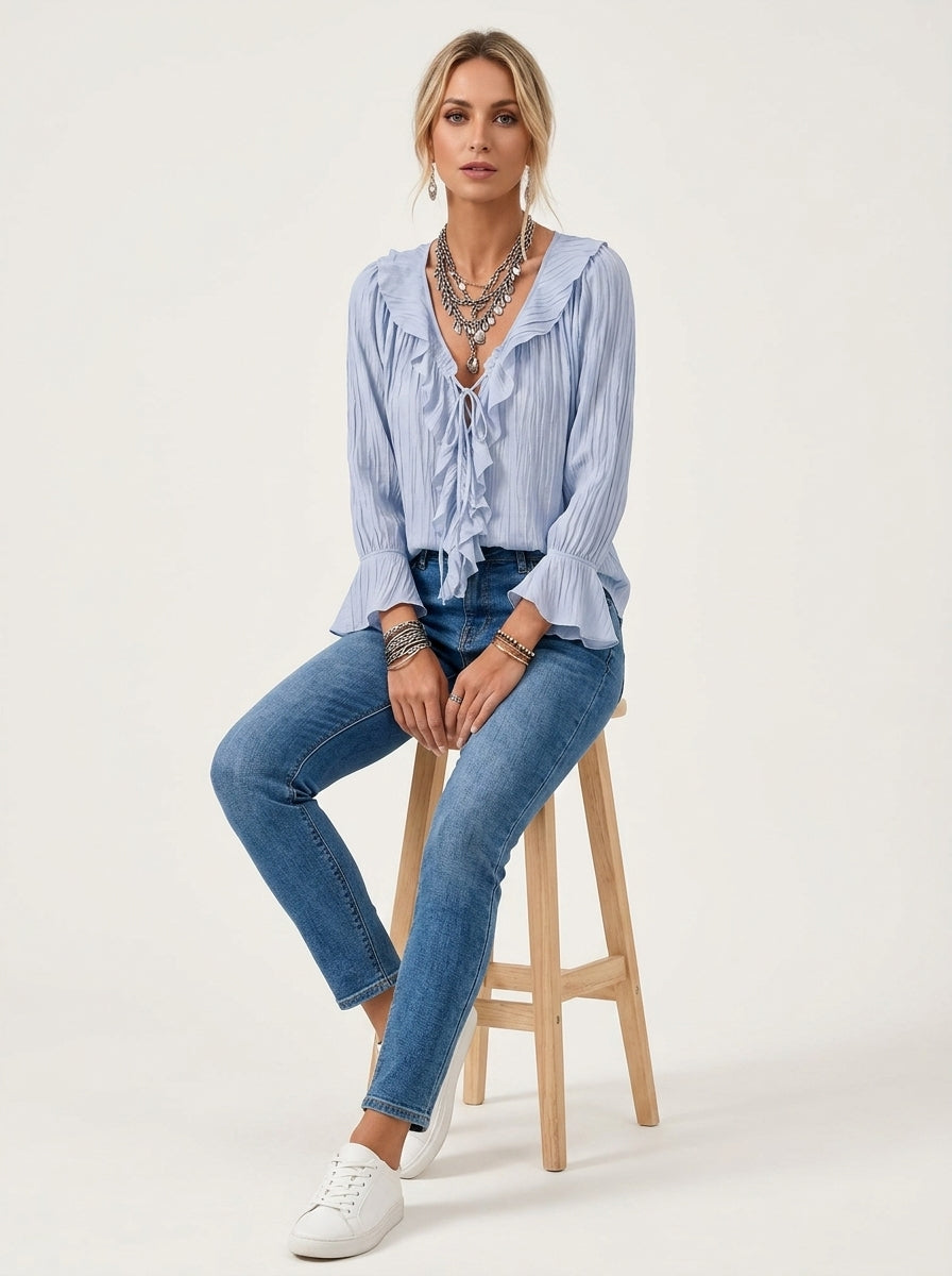 Ruffled Tie-Neck Textured Blouse - Light Blue Bell Sleeve Crinkle Top