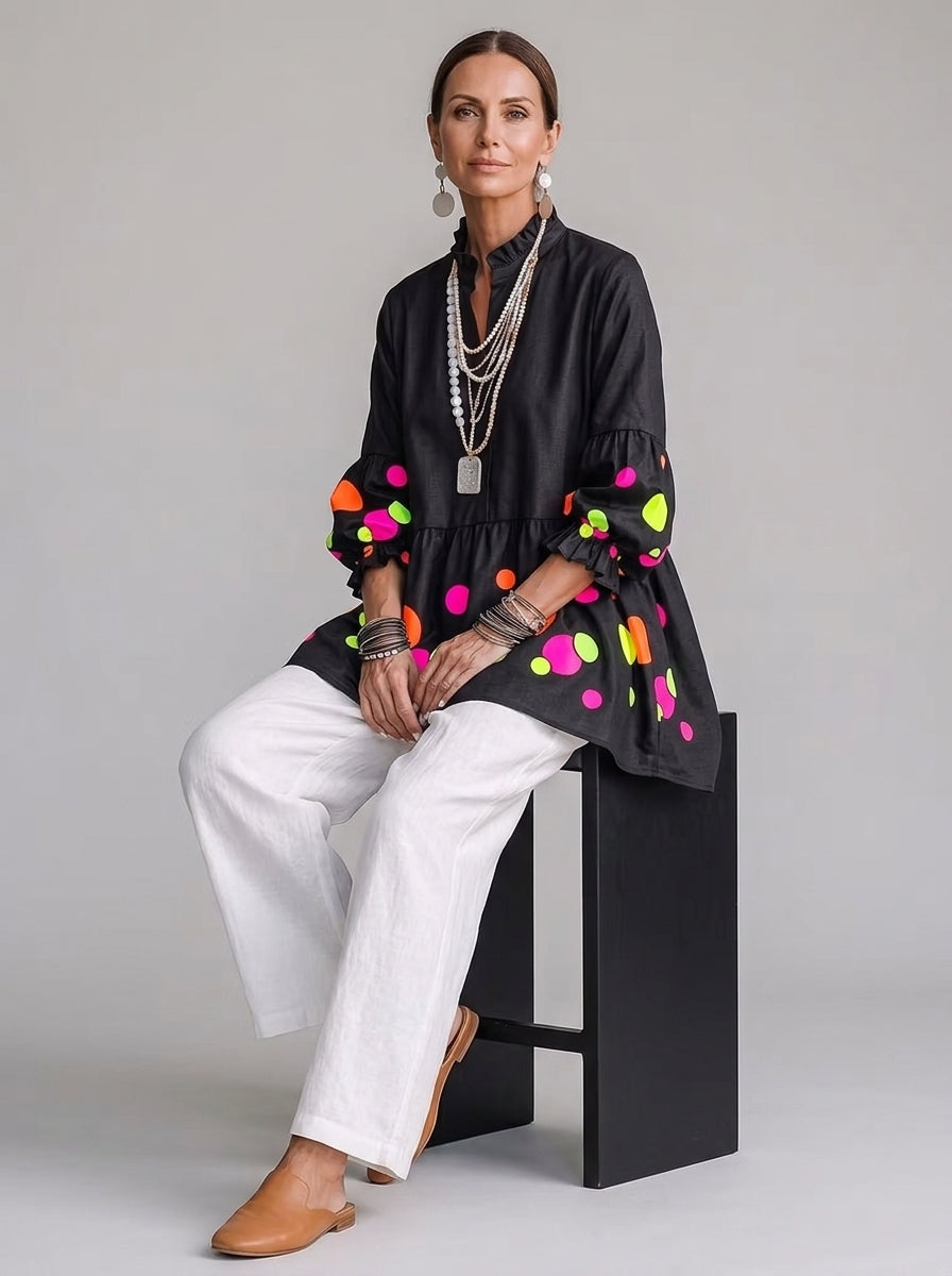 Neon Polka Dot Peplum Tunic - Black Ruffle V-Neck Bishop Sleeve Blouse