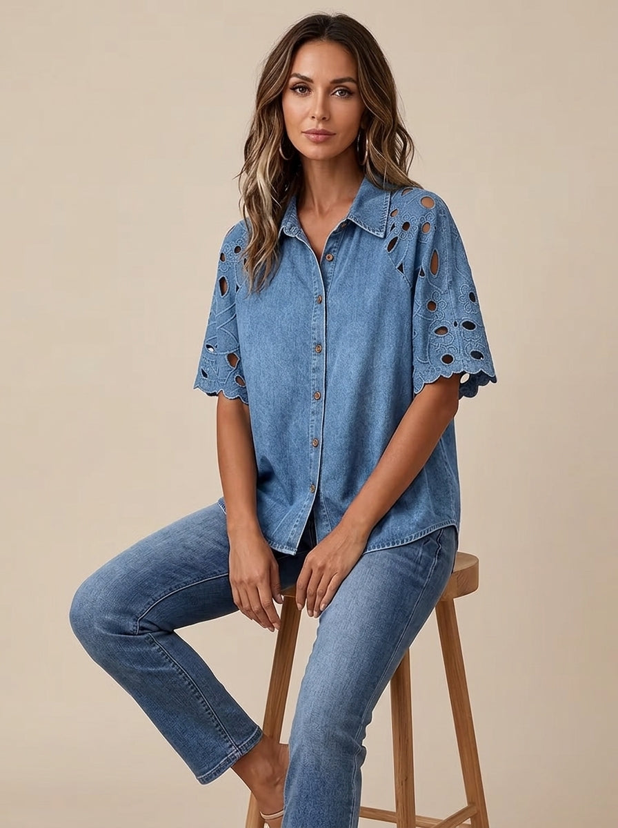 Vintage-Style Denim Shirt with Cutout Floral Lace Sleeve Panels - Button-Up Scalloped Sleeve Blouse
