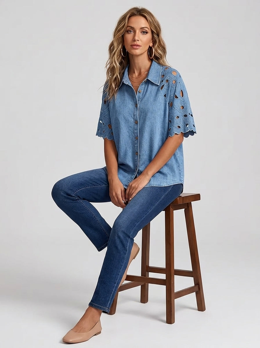 Vintage-Style Denim Shirt with Cutout Floral Lace Sleeve Panels - Button-Up Scalloped Sleeve Blouse