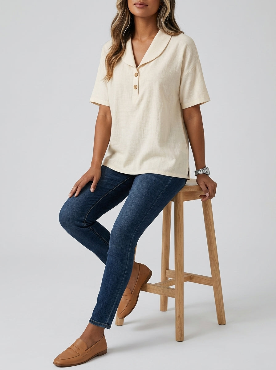 Collared Two-Button Placket Top - Short Sleeve Cotton Linen Blouse