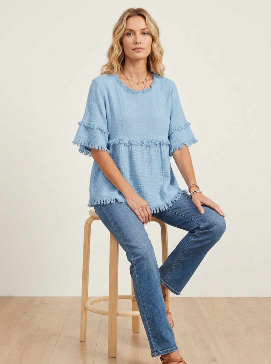 Blue Frayed Trim Round Neck Blouse - Boho Cotton Linen Raw Hem Top