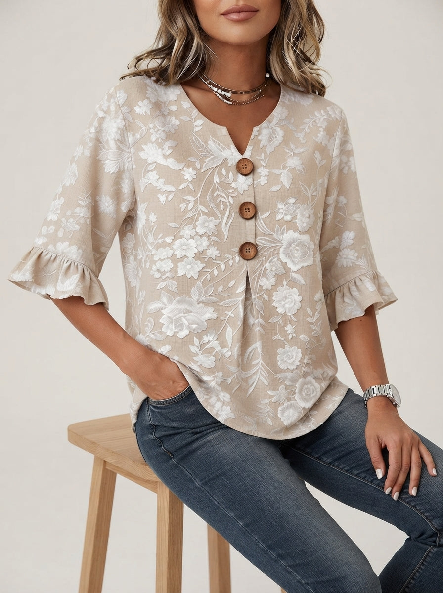 Beige Floral Print Blouse - Wood Button V-Neck Ruffle Sleeve Top