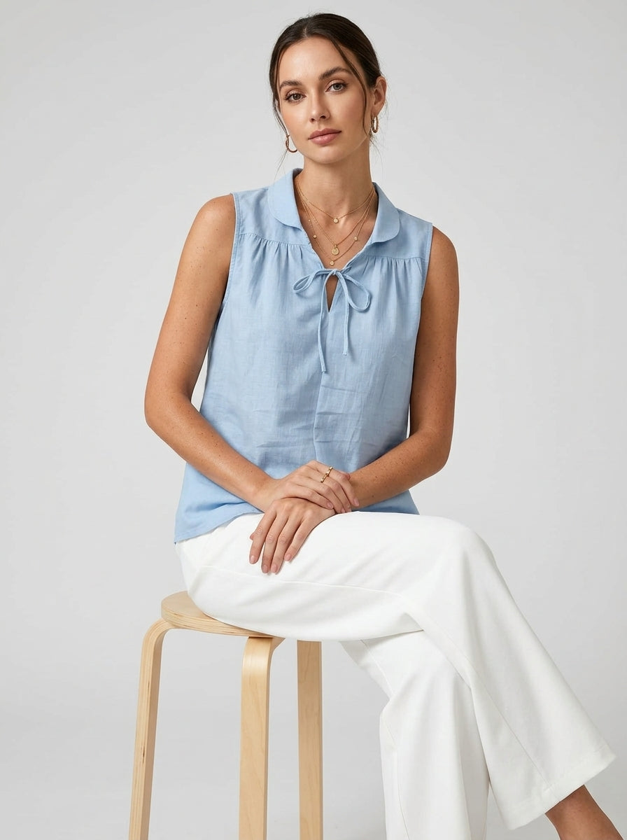 Light Blue Tie-Neck Collared Blouse - Sleeveless Cotton Top