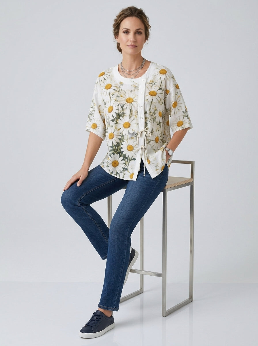 White Daisy Print Blouse - Round Neck Tie-Front Patchwork Top