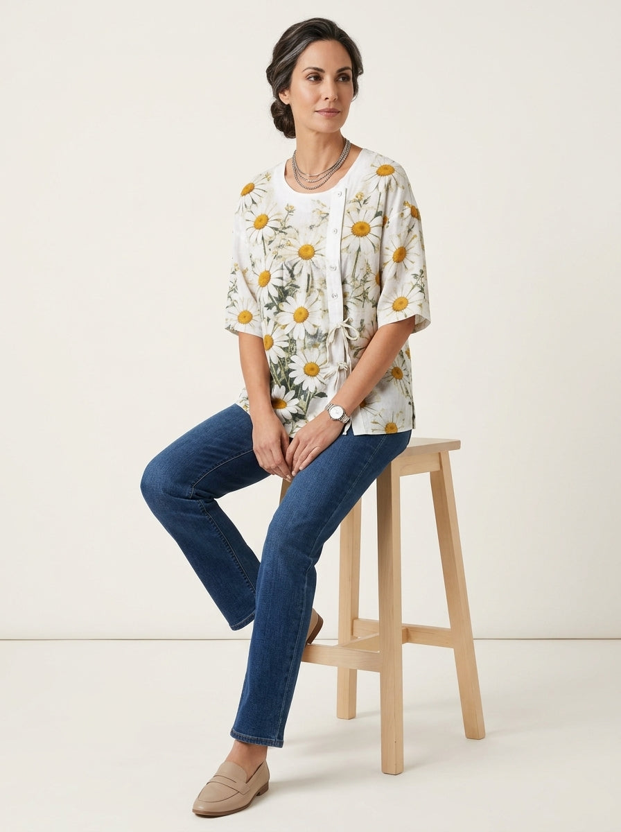 White Daisy Print Blouse - Round Neck Tie-Front Patchwork Top