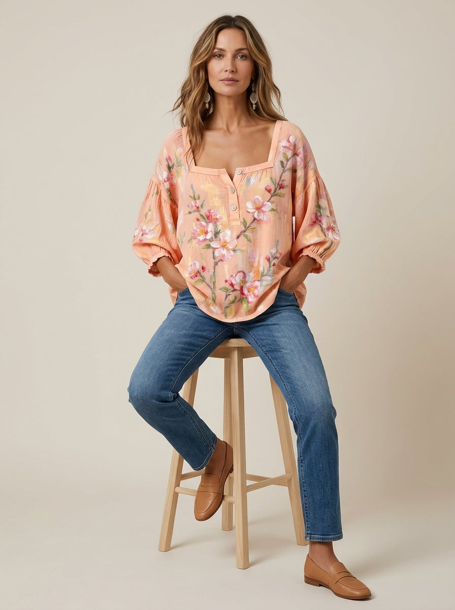 Peach Floral Print Blouse - Square Neck Balloon Sleeve Top