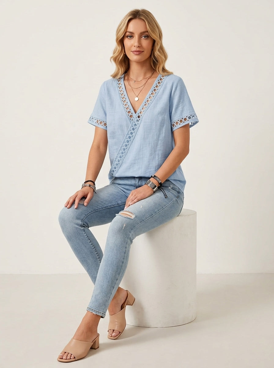 Blue Eyelet Trim V-Neck Blouse - Faux Wrap Short Sleeve Cotton Top