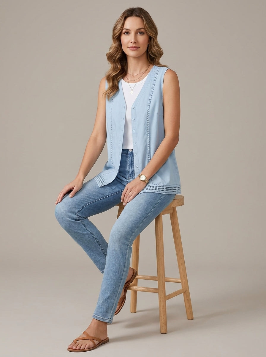 Blue Crochet Trim Button Vest - Sleeveless Linen Cotton Cardigan