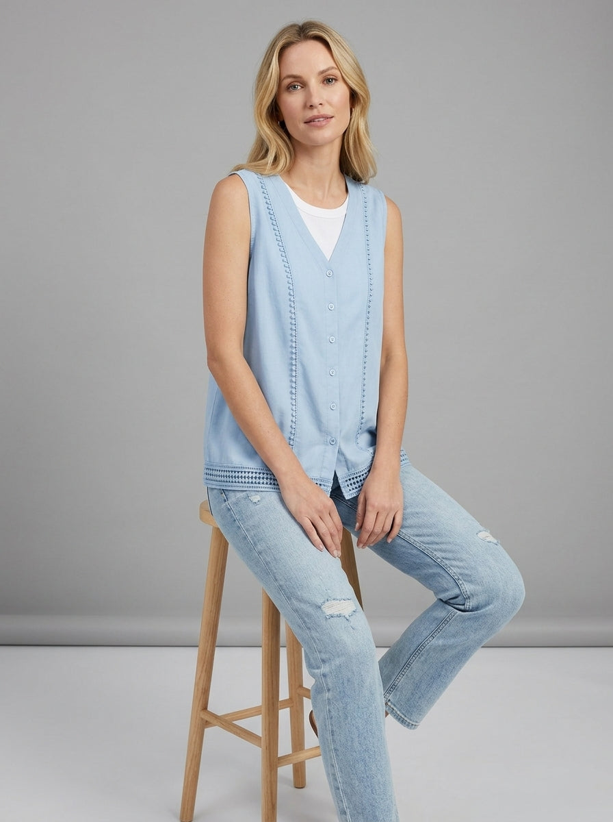 Blue Crochet Trim Button Vest - Sleeveless Linen Cotton Cardigan