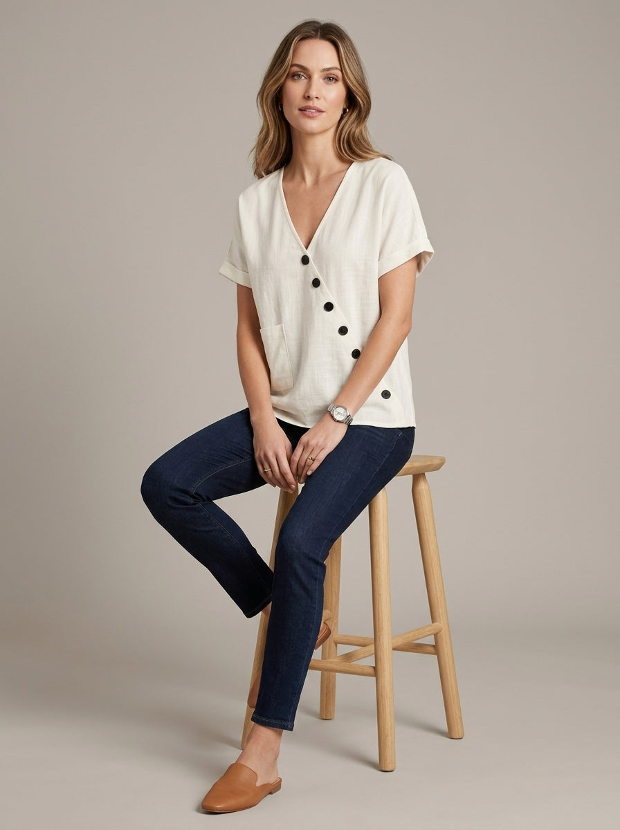 White Asymmetric Button Blouse - V-Neck Patch Pocket Casual Top