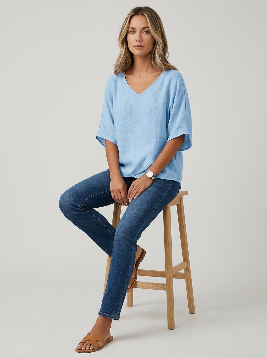 Light Blue V-Neck Blouse - Dolman Sleeve Asymmetric Hem Top