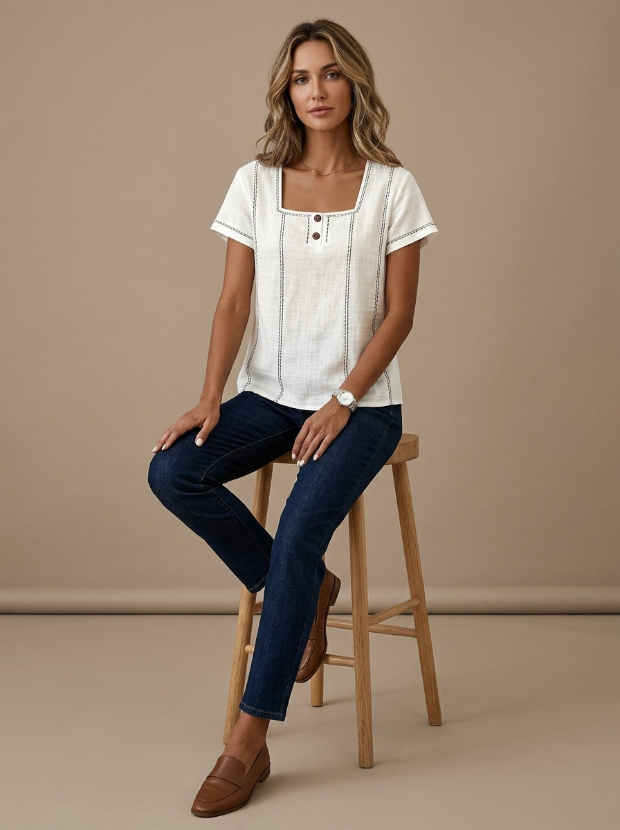 White Square Neck Contrast Stitch Blouse - Two-Button Casual Top