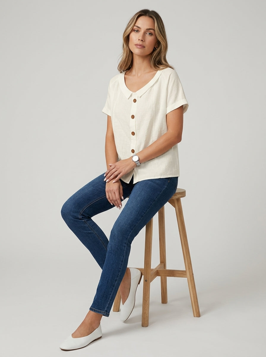White Collared Button-Front Blouse - Casual Cotton Short Sleeve Top