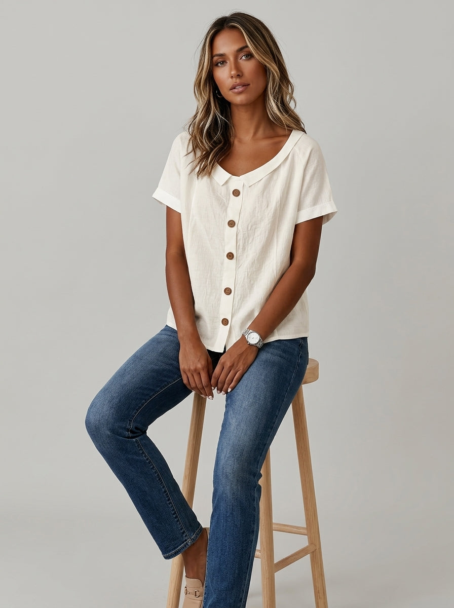 White Collared Button-Front Blouse - Casual Cotton Short Sleeve Top