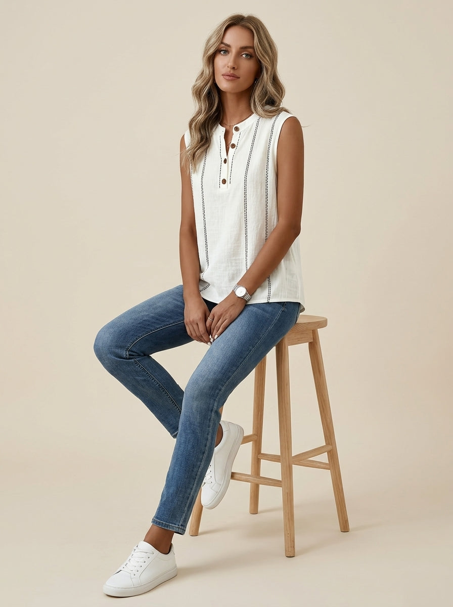 White Contrast Stitch Henley - Sleeveless Mandarin Collar Casual Top