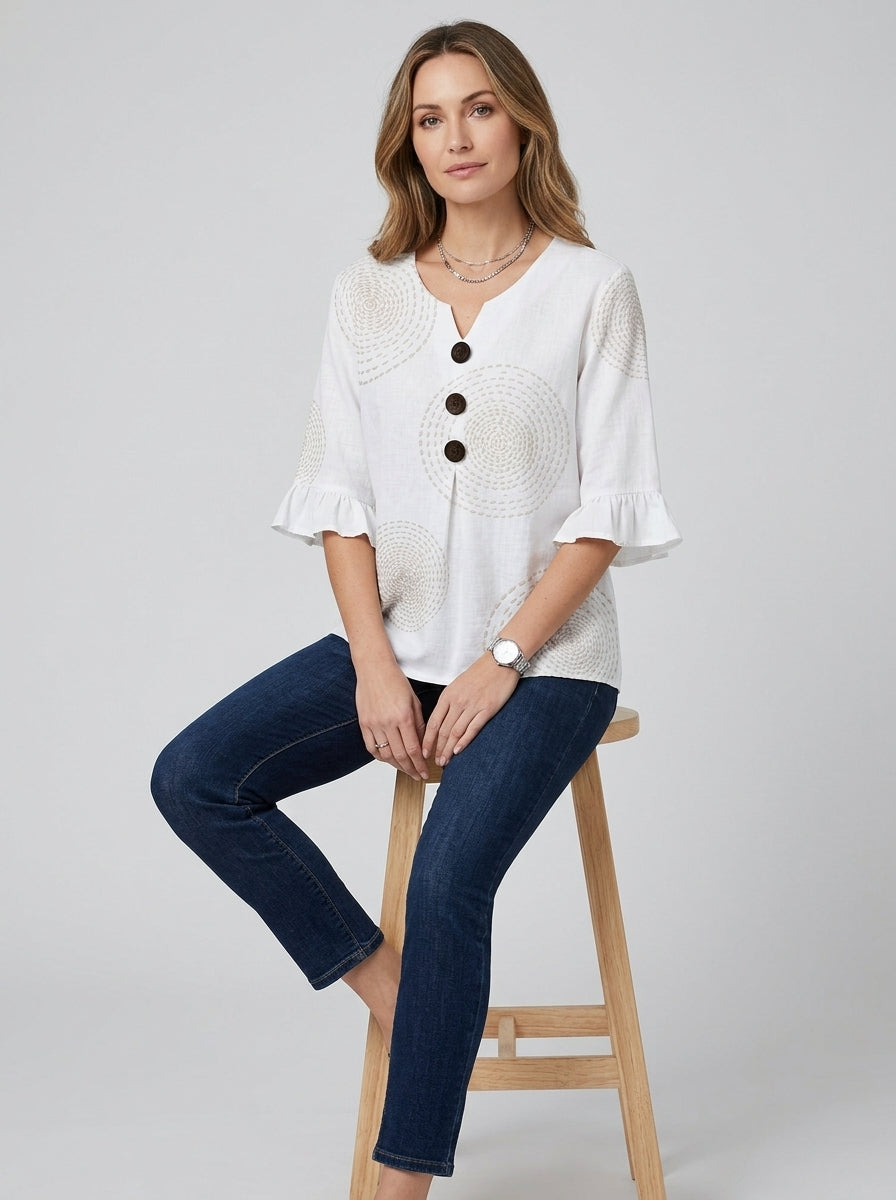 White Circle Print Wood Button Blouse - Ruffle Sleeve V-Neck Top