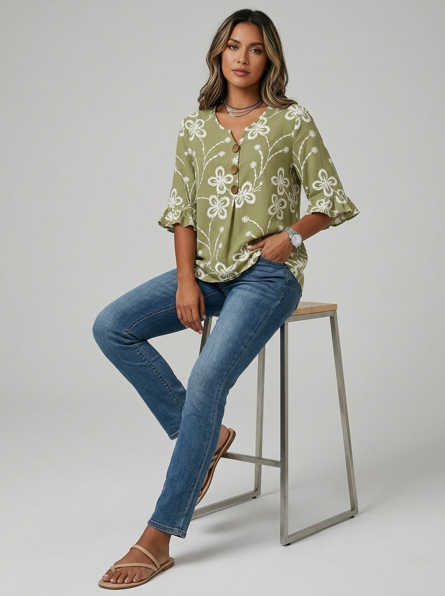 Olive Floral Print Blouse - Wood Button Ruffle Sleeve V-Neck Top