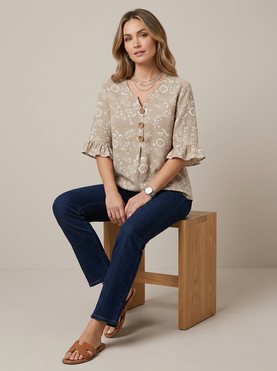 Taupe Floral Print Blouse - Wood Button Ruffle Sleeve V-Neck Top