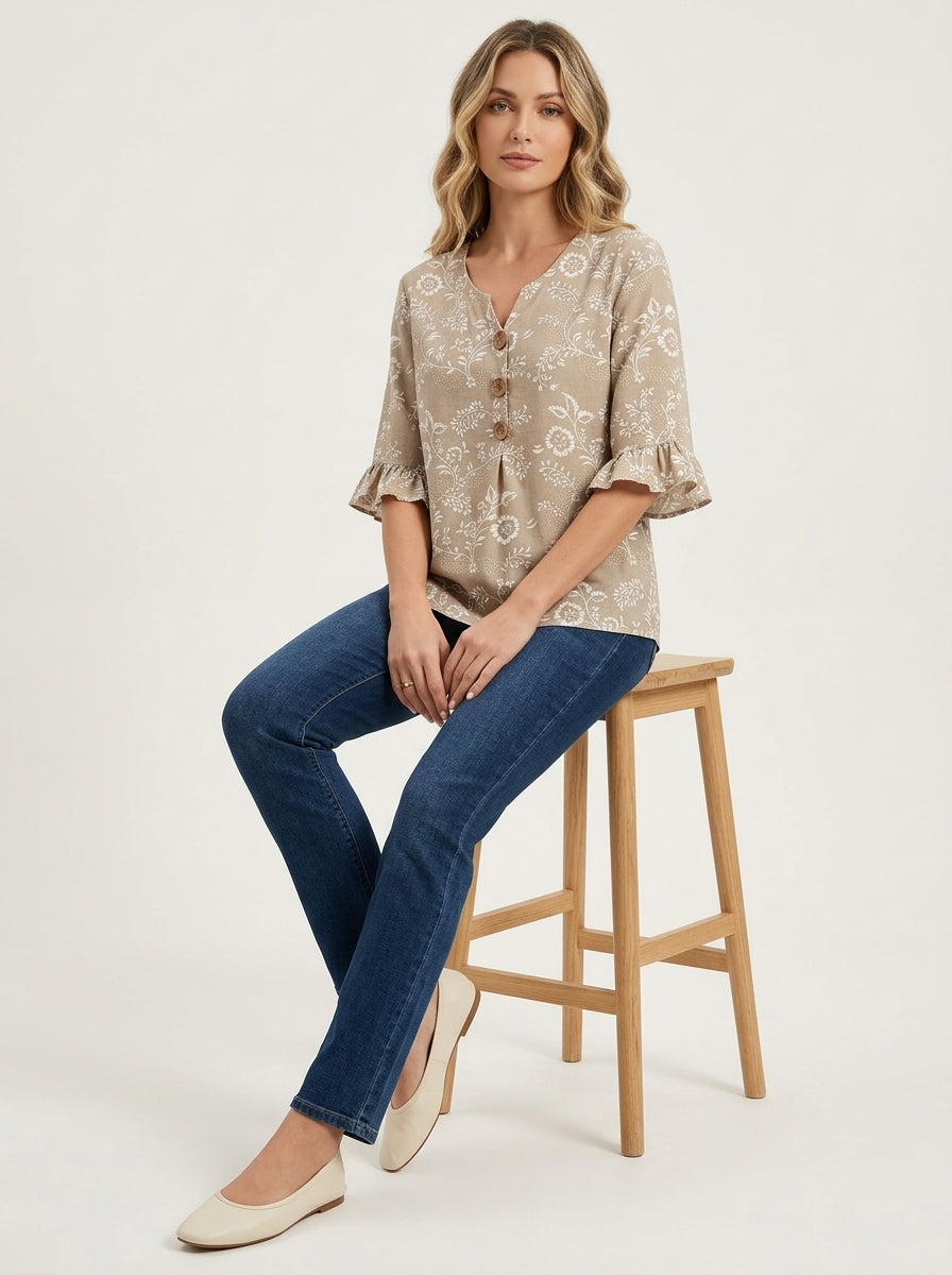 Taupe Floral Print Blouse - Wood Button Ruffle Sleeve V-Neck Top