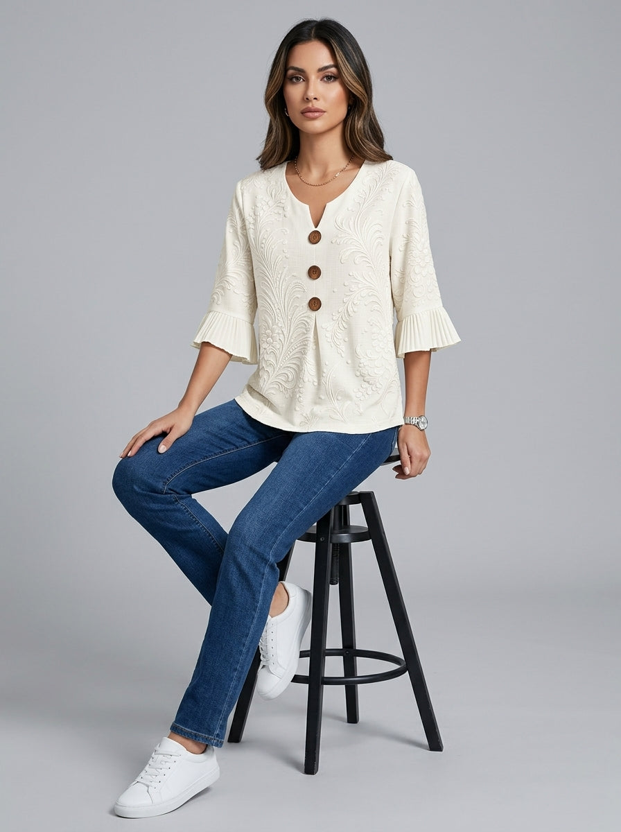 White Tonal Damask Print Blouse - Wood Button Ruffle Sleeve V-Neck