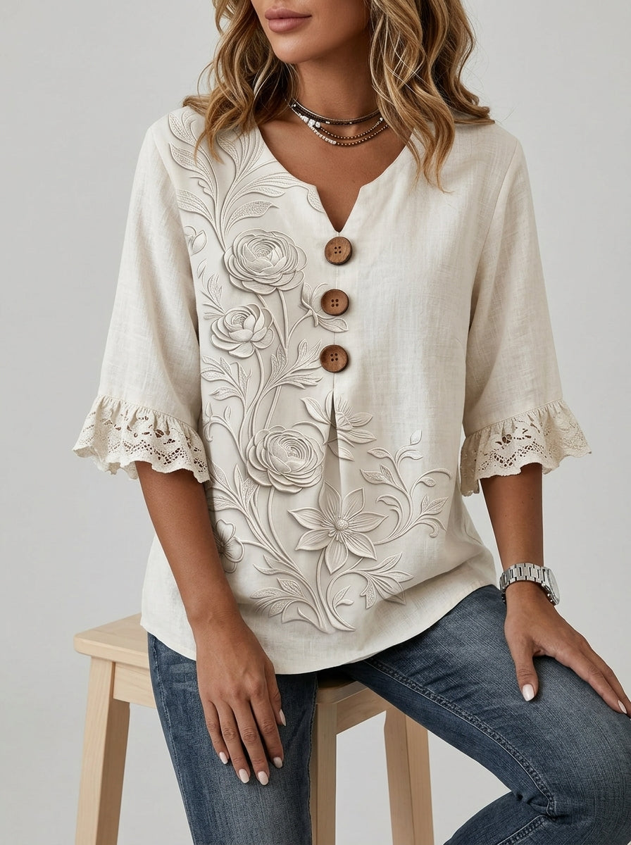 Cream Embroidered Floral Blouse - Wood Button V-Neck Lace Sleeve Top