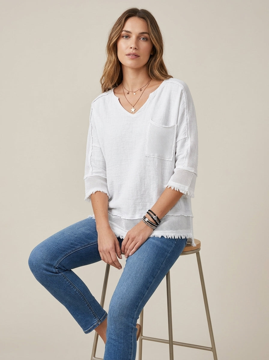 Casual Linen Cotton Color-Block Top in White - Raw-Edge Waffle Knit V-Neck Top