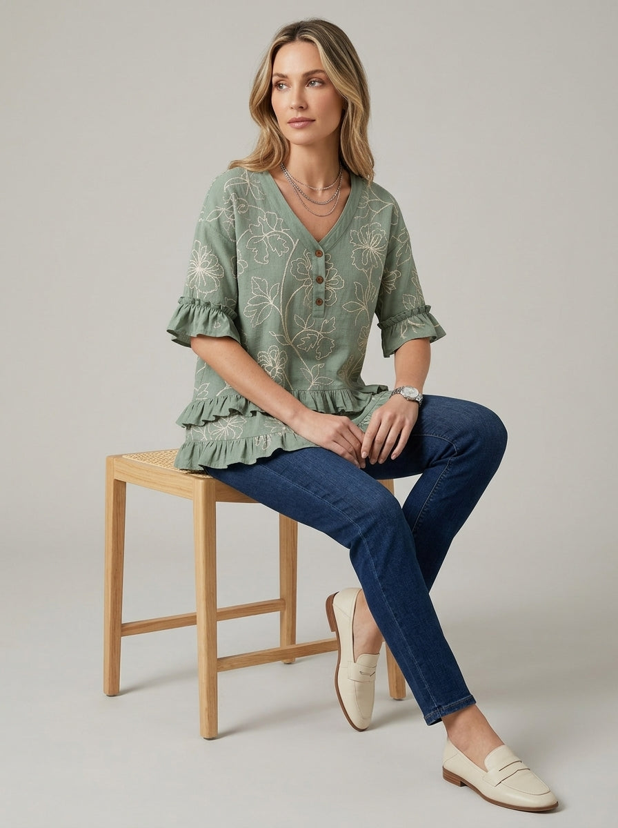 Retro Floral Embroidered V-Neck Ruffle Blouse in Sage Green - Button Placket 3/4 Sleeve Top