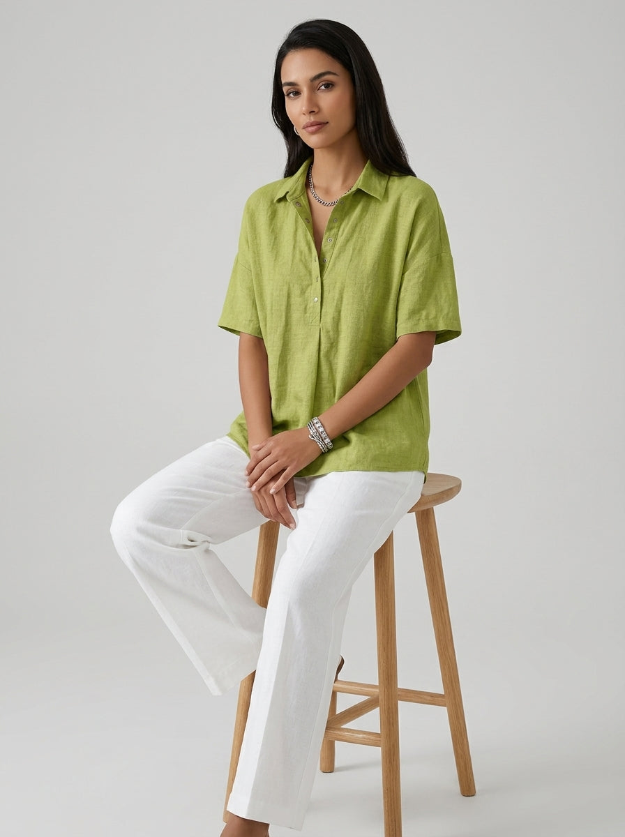 Casual Cotton Linen Snap-Button Polo Top in Chartreuse Green - Short Sleeve Relaxed Fit Polo