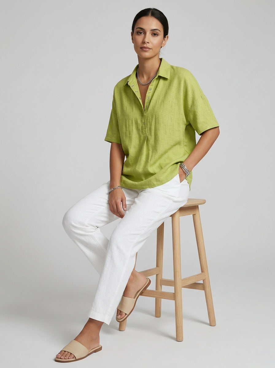 Casual Cotton Linen Snap-Button Polo Top in Chartreuse Green - Short Sleeve Relaxed Fit Polo