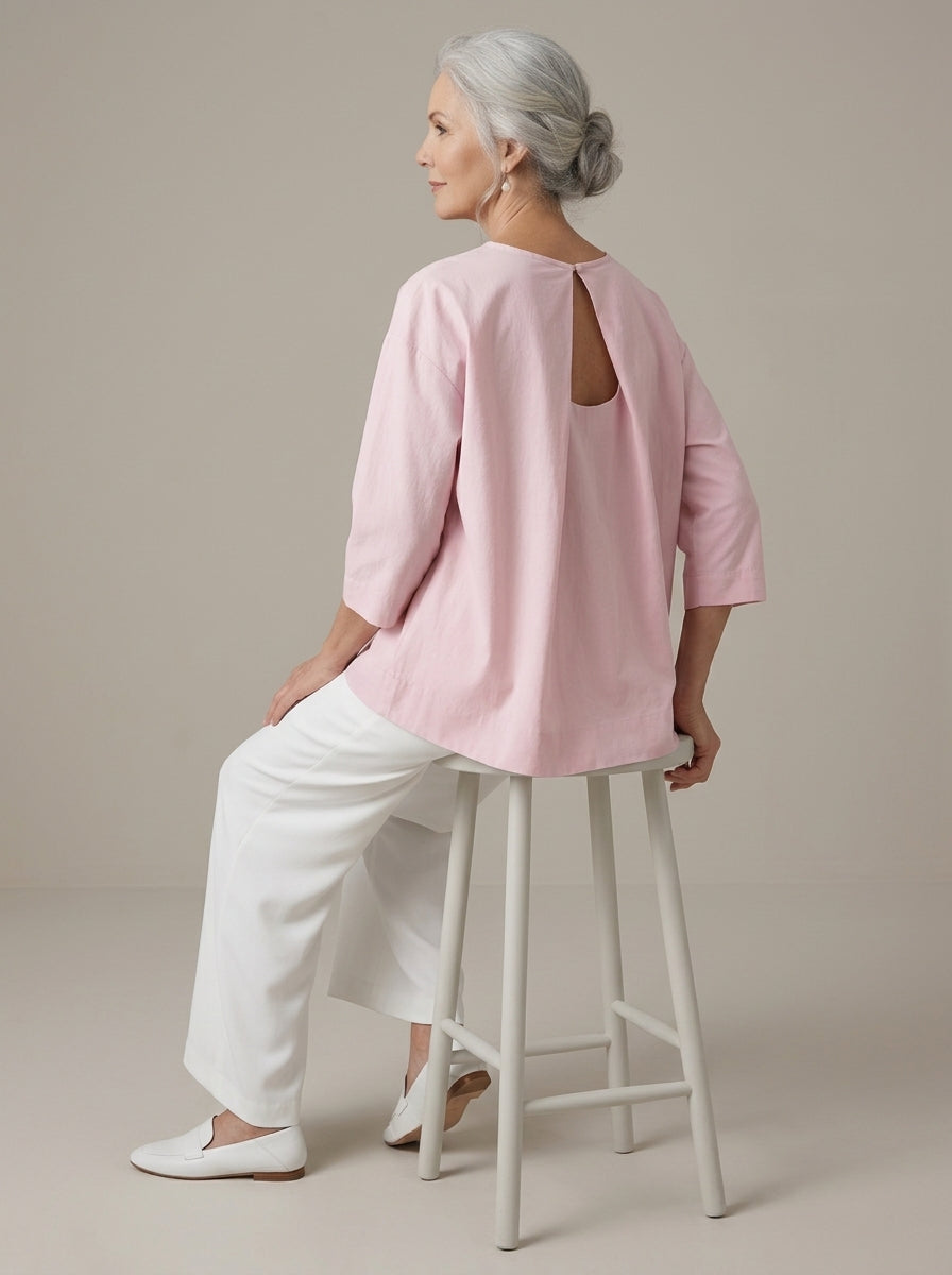 Elegant Cotton Open-Back Blouse in Blush Pink - Round Neck Keyhole Cutout Top