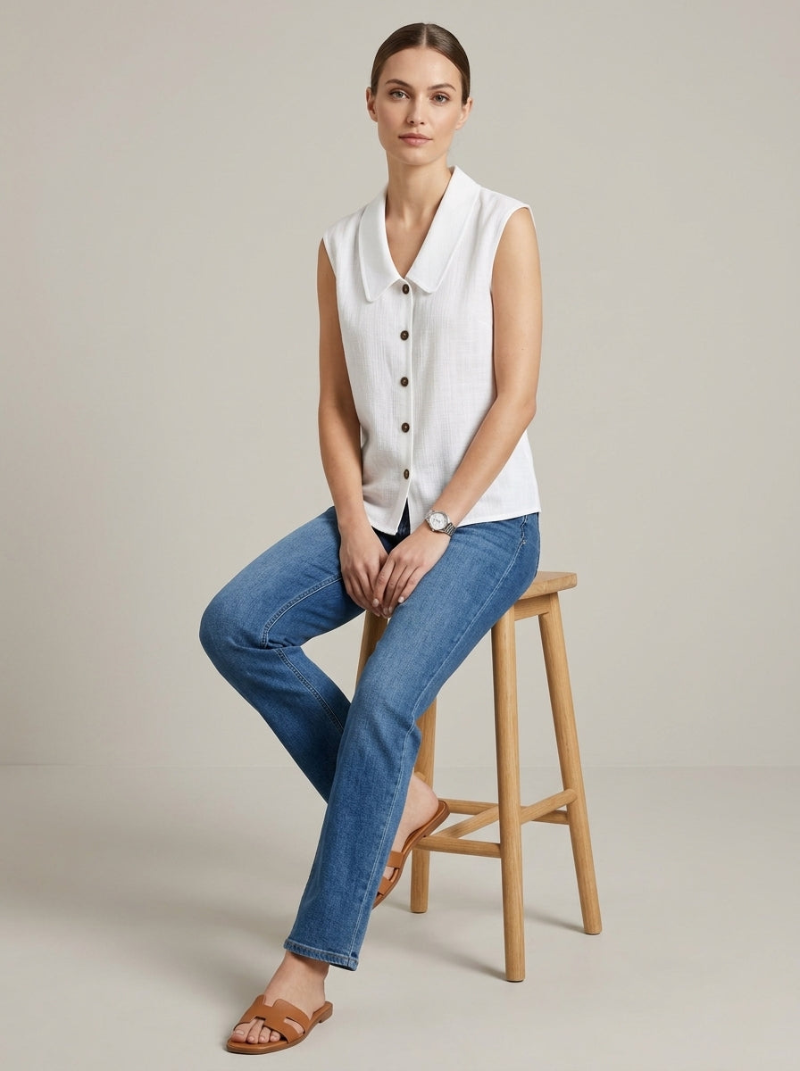 Casual Solid Color Sleeveless Collared Shirt in White - Notched Collar Button-Up Top