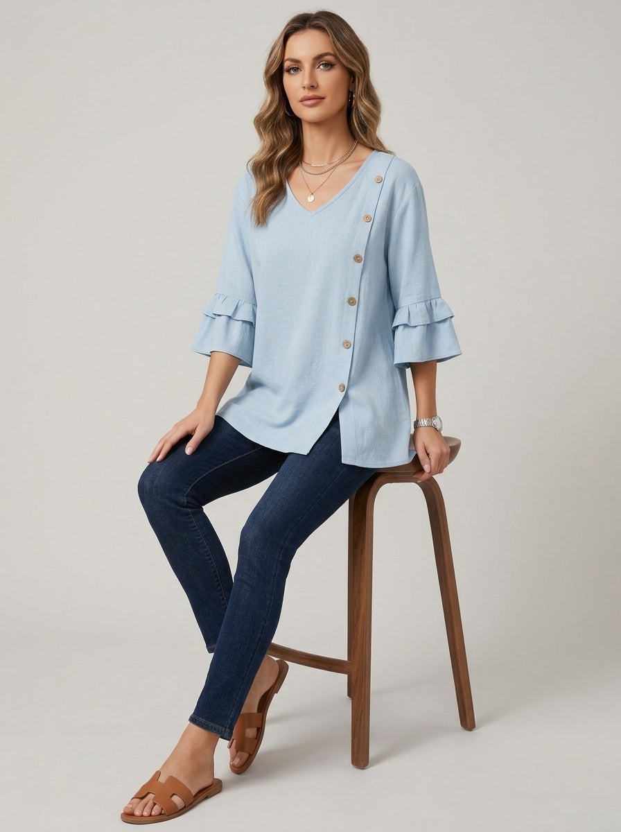 Casual Solid Color Top in Light Blue - Asymmetric Button Trim V-Neck Ruffle Sleeve Top