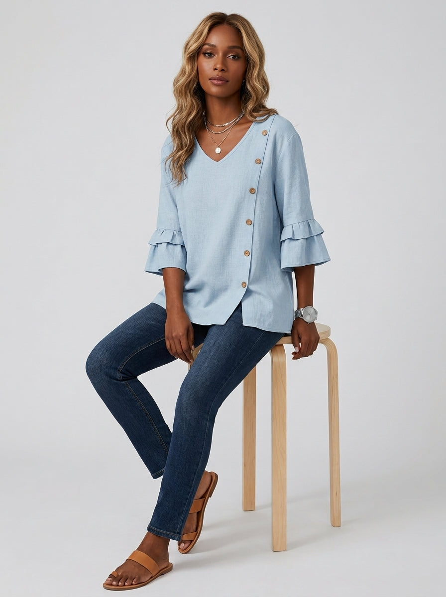 Casual Solid Color Top in Light Blue - Asymmetric Button Trim V-Neck Ruffle Sleeve Top