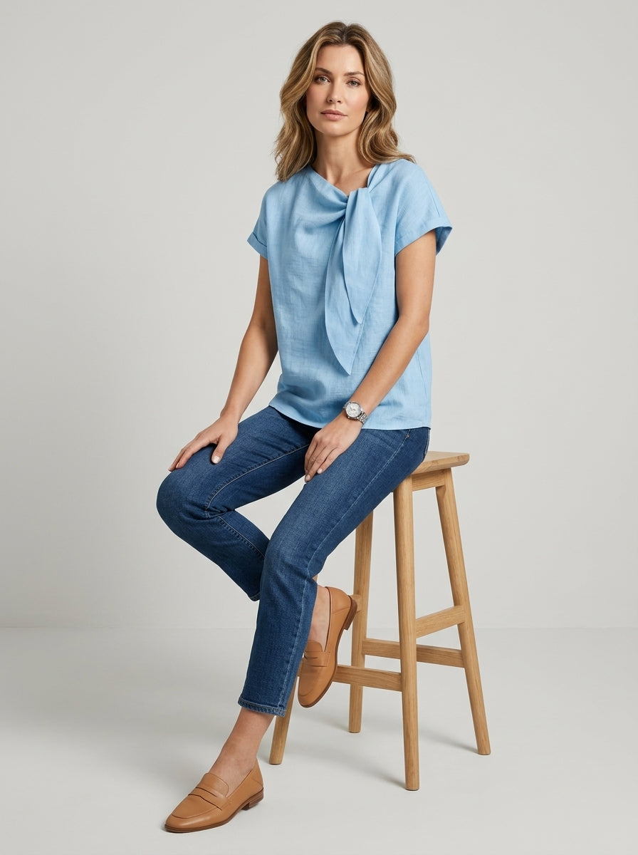 Casual Linen Cotton Tie-Neck Blouse in Light Blue - Short Sleeve Draped Bow Top